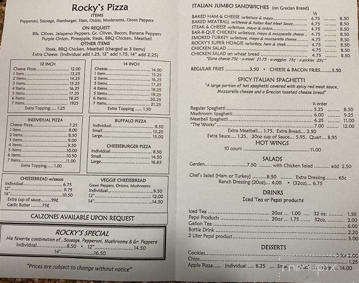 Menu of Rocky's Pizza in Erwin, TN 37650