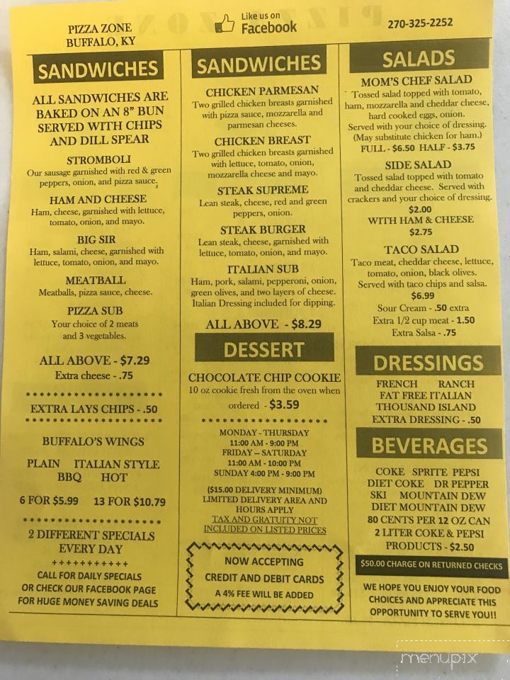 Pizza Zone - Buffalo, KY menu_pic