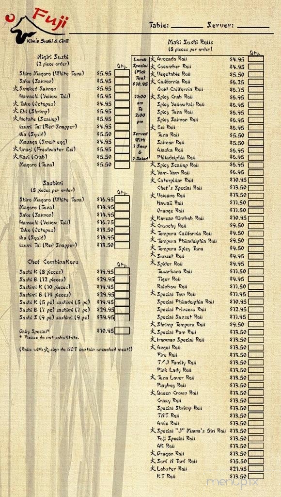 Fuji Kim's Sushi & Grill - Texarkana, TX menu_pic