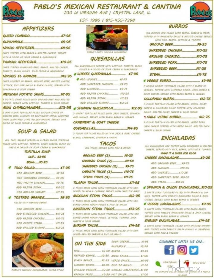 Pablo's Mexican Restaurant - Crystal Lake, IL menu_pic