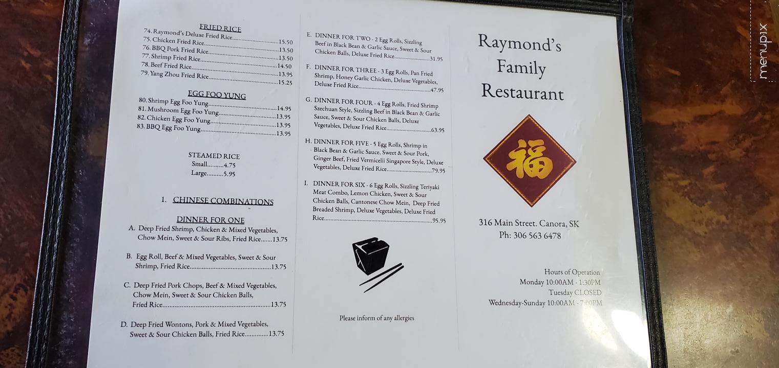 Raymond's Family Restaurant - Canora, SK menu_pic