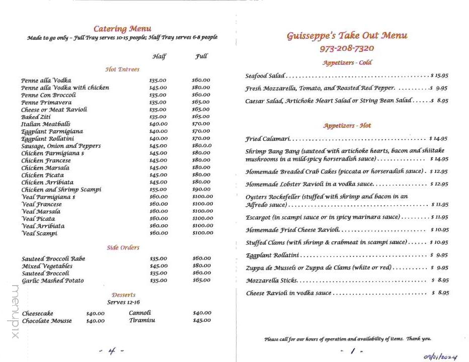 Guisseppe's Restaurant - Newfoundland, NJ menu_pic