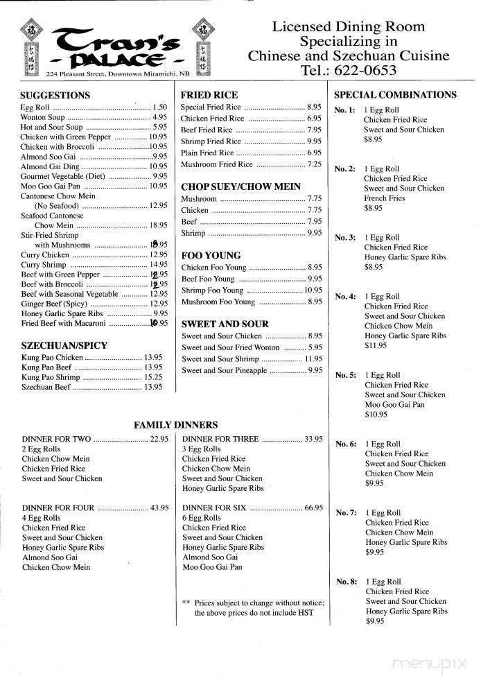 Tran's Palace Restaurant - Miramichi, NB menu_pic