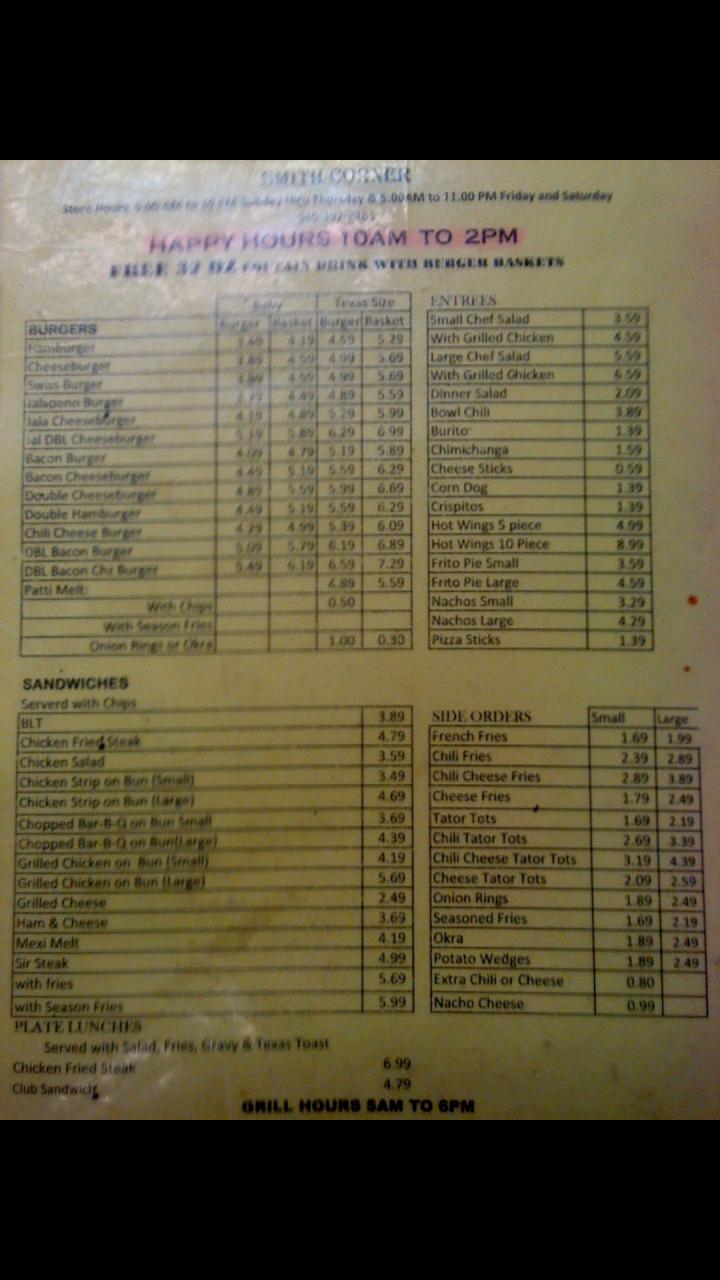 Smith Corner - Bryson, TX menu_pic