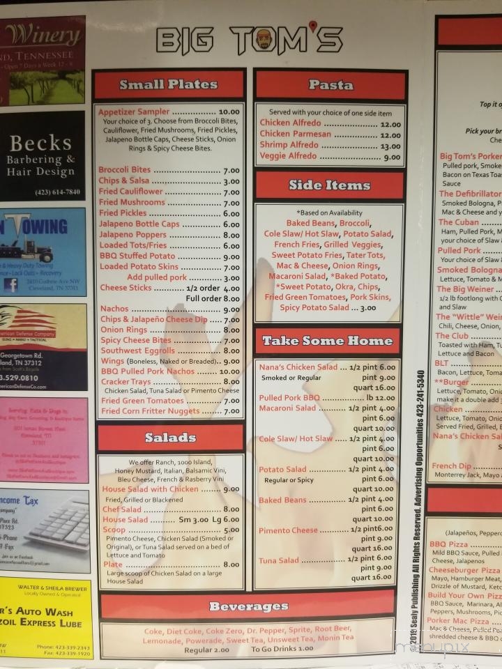 Big Tom's Backyard Grill & Bar - Cleveland, TN menu_pic