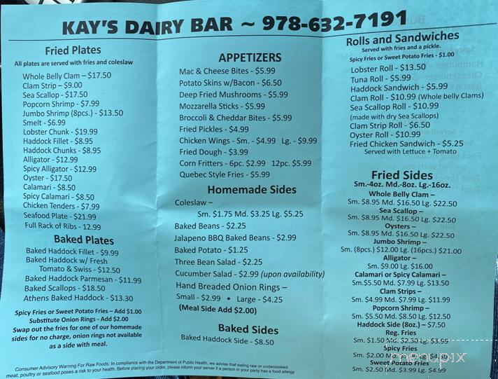 Menu of Kay&#39;s Dairy Bar in Westminster, MA 01473