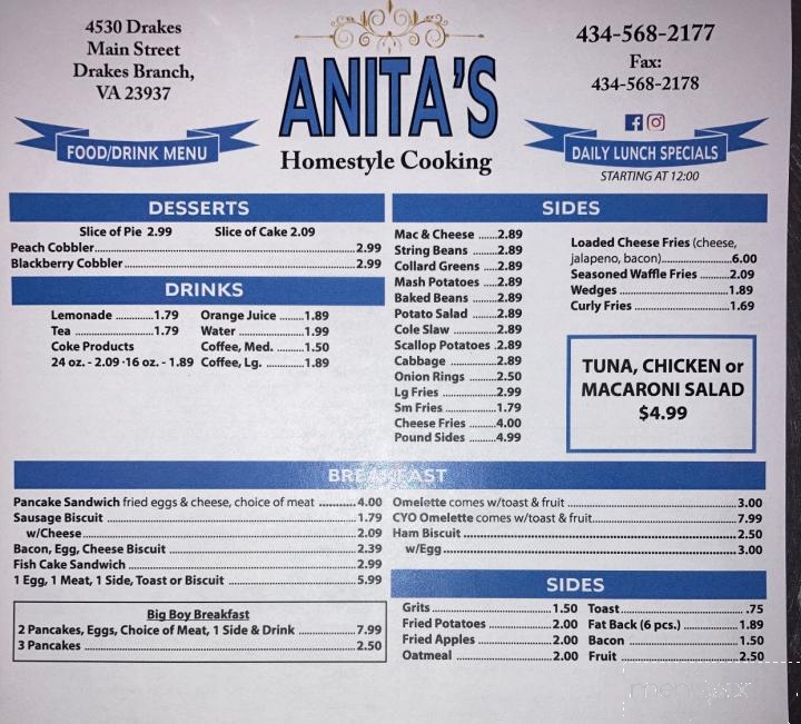 Anita's Homestyle Cooking - Drakes Branch, VA menu_pic