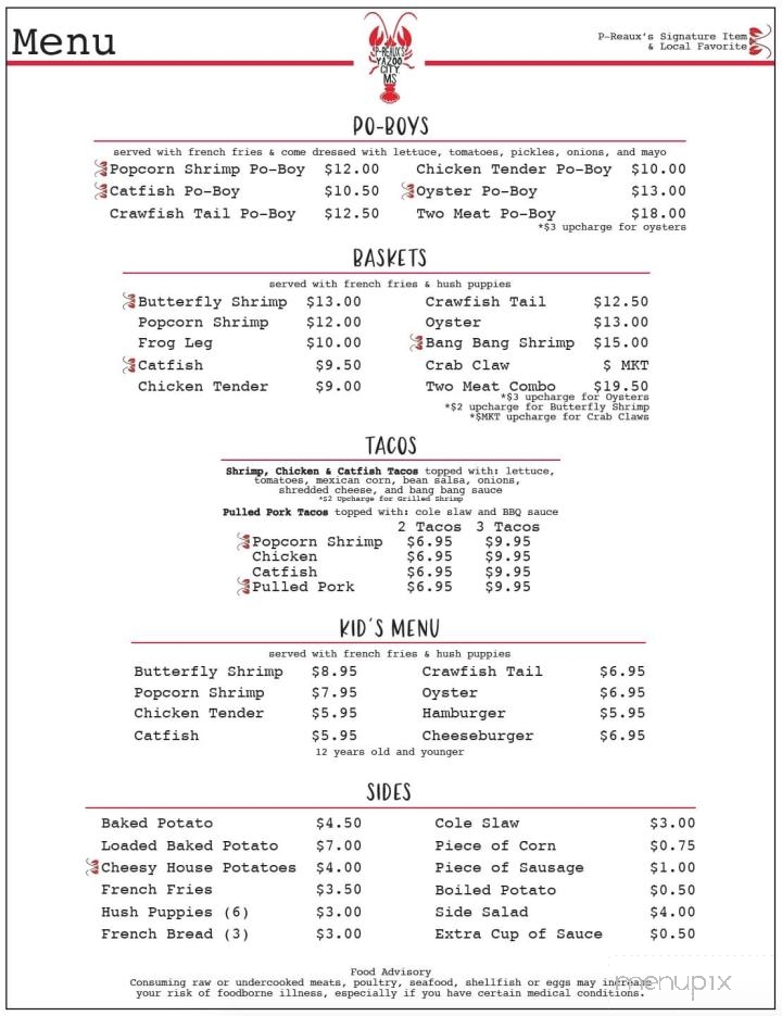 P-Reaux Cajun Mudbugs & Shrimp - Yazoo City, MS menu_pic