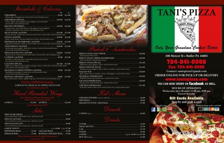Tani's Pizza - Butler, PA menu_pic