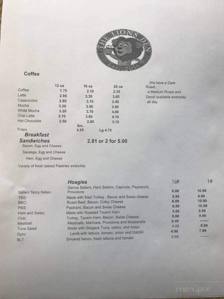 Lions Den Cafe And Deli - Cuddy, PA menu_pic