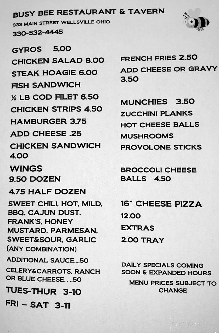 Busy Bee Restaurant & Tavern - Wellsville, OH menu_pic