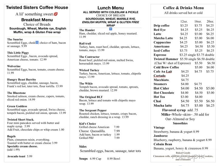 Twisted Sister Coffee - Hillsdale, NY menu_pic