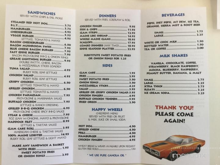 Menu of Fast Eddies Drive In in Winthrop ME 04364