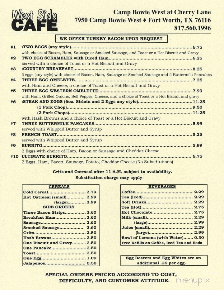 West Side Cafe - Fort Worth, TX menu_pic