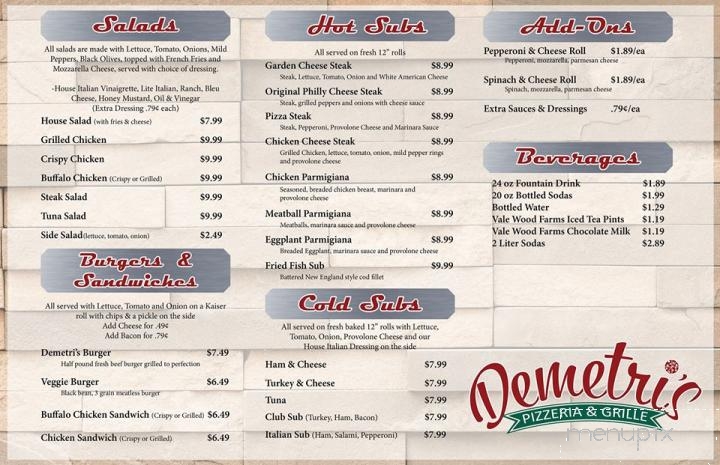 Demetri's Pizzeria & Grille - Loretto, PA menu_pic