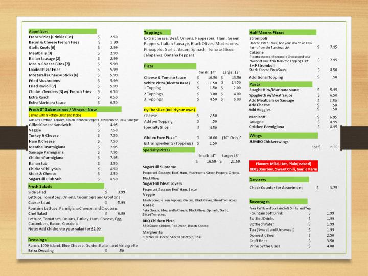 Sugar Hill Pizzaria - Kinston, NC menu_pic