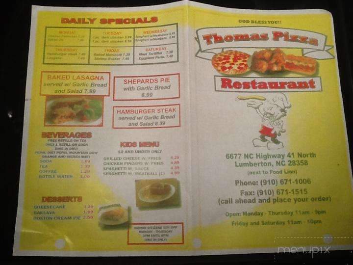 Online Menu of Thomas's Pizza & Subs, Lumberton, NC