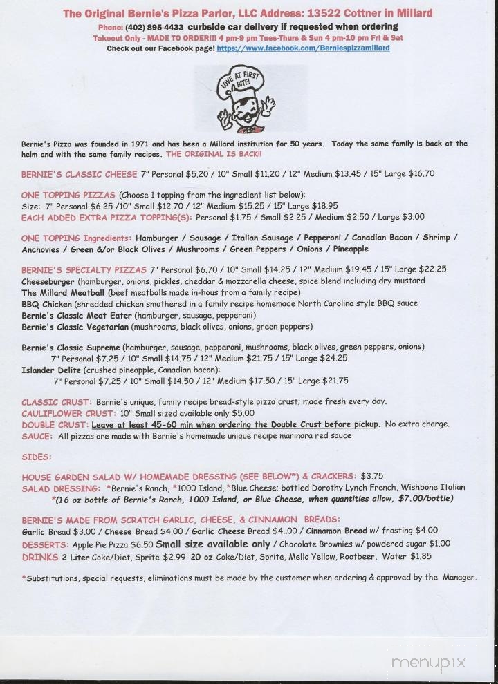 Bernie's Pizza Parlor - Omaha, NE menu_pic