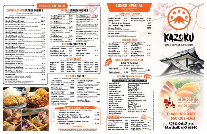 Kazoku Hibachi And Sushi Bar - Marshall, MO menu_pic