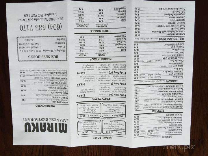 Miraku Japanese Restaurant - Langley, BC menu_pic