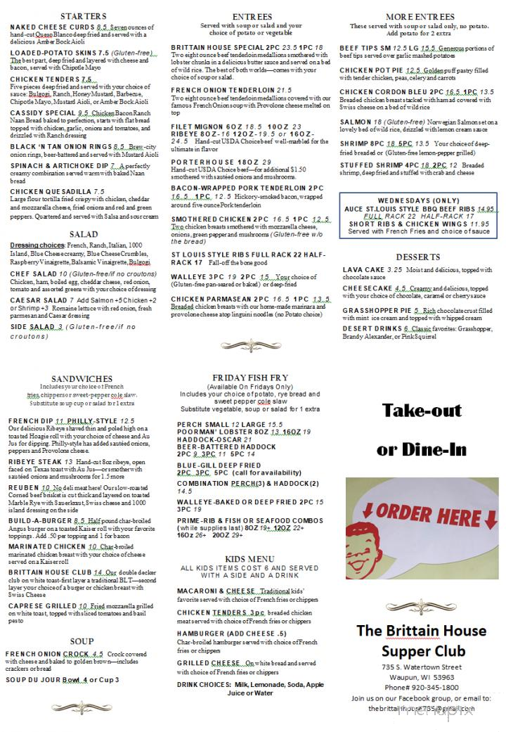 Brittain House Supper Club - Waupun, WI menu_pic