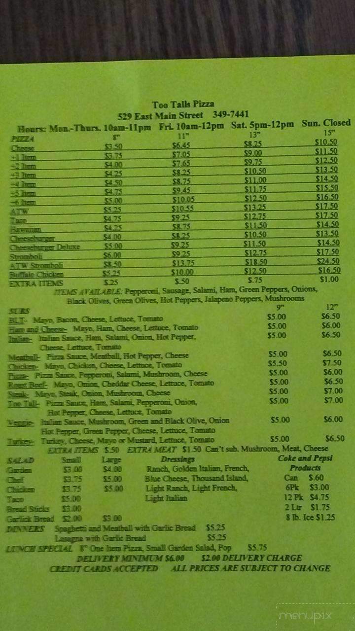 Too Talls Pizza - Newark, OH menu_pic