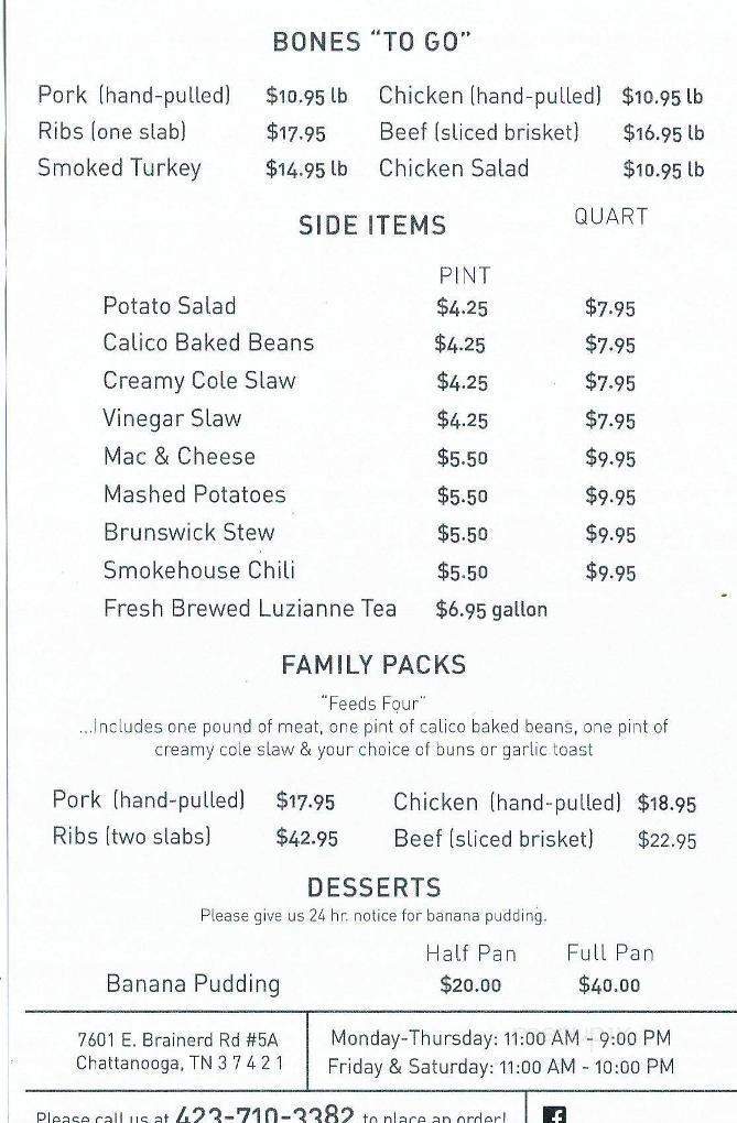 Bone's Smokehouse - Chattanooga, TN menu_pic