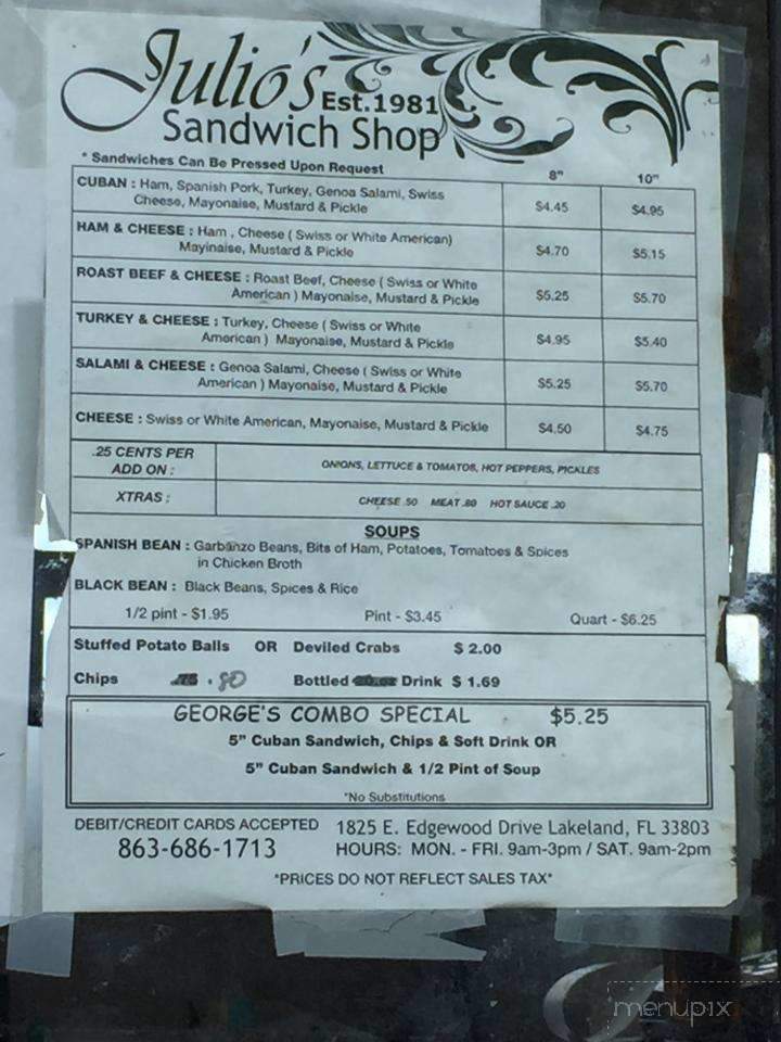 Julio's Sandwich Shop - Lakeland, FL menu_pic