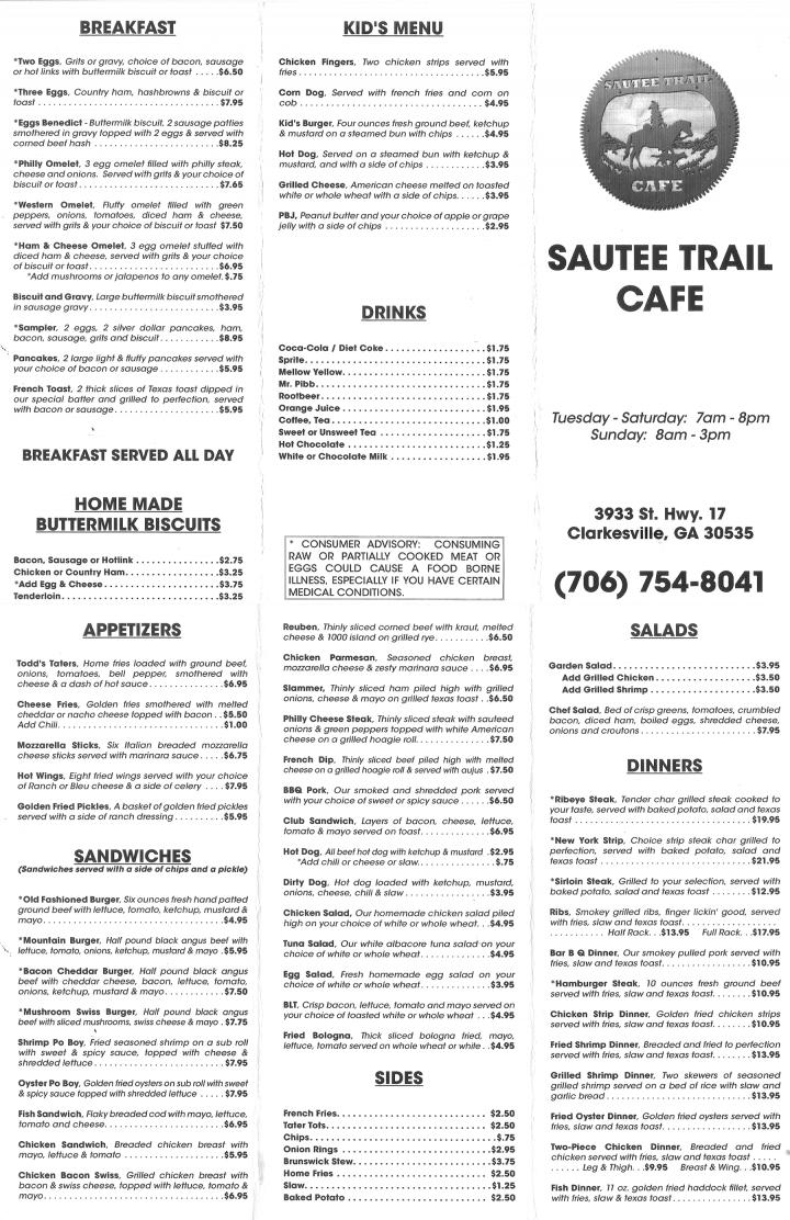Sautee Trail Cafe - Clarkesville, GA menu_pic