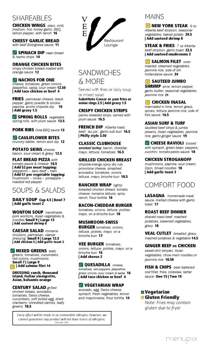 Vee Restaurant & Lounge - St Albert, AB menu_pic