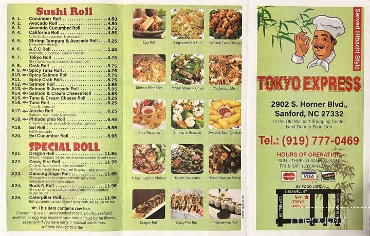 Online Menu of New Tokyo Express, Sanford, NC