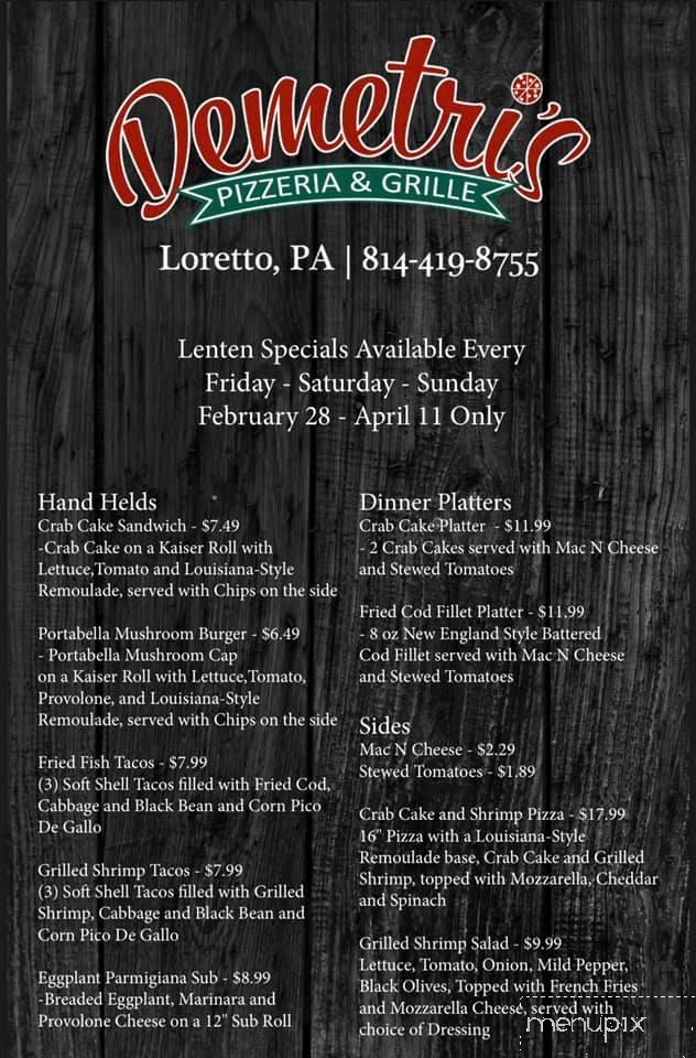 Demetri's Pizzeria & Grille - Loretto, PA menu_pic