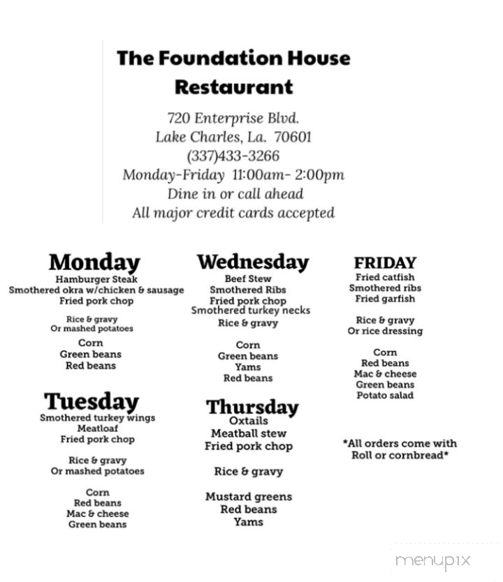 The Foundation House Restaurant & Event Venue - Lake Charles, LA menu_pic