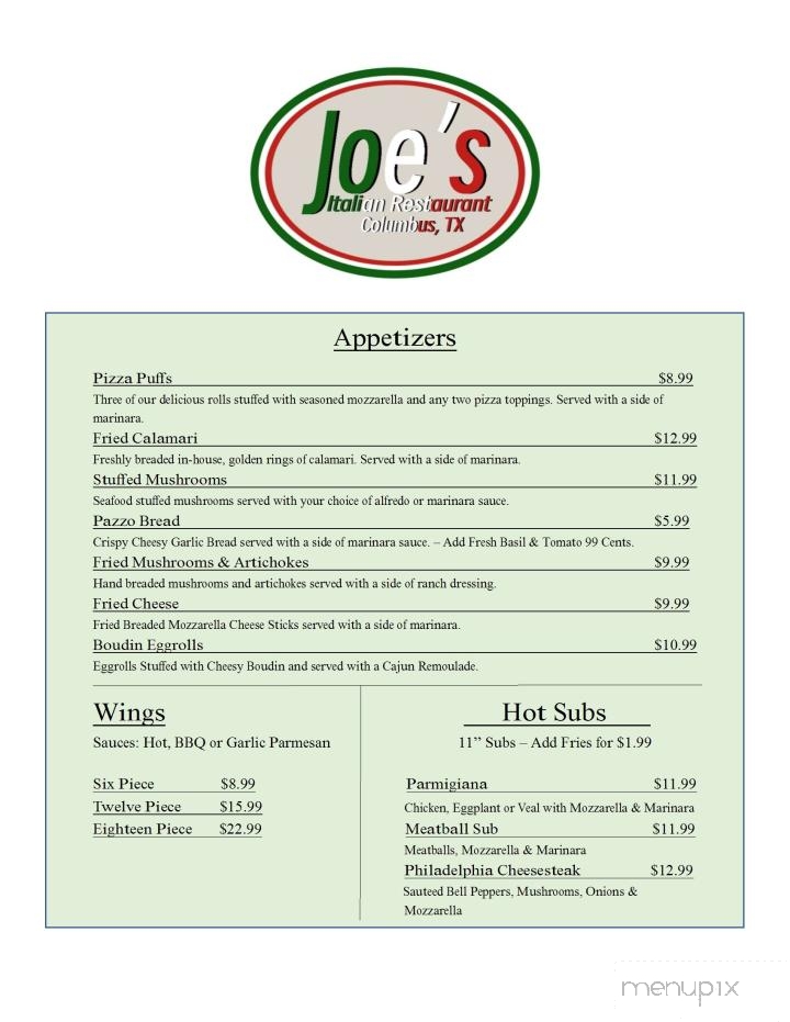 Joe's Italian Restaurant - Columbus, TX menu_pic