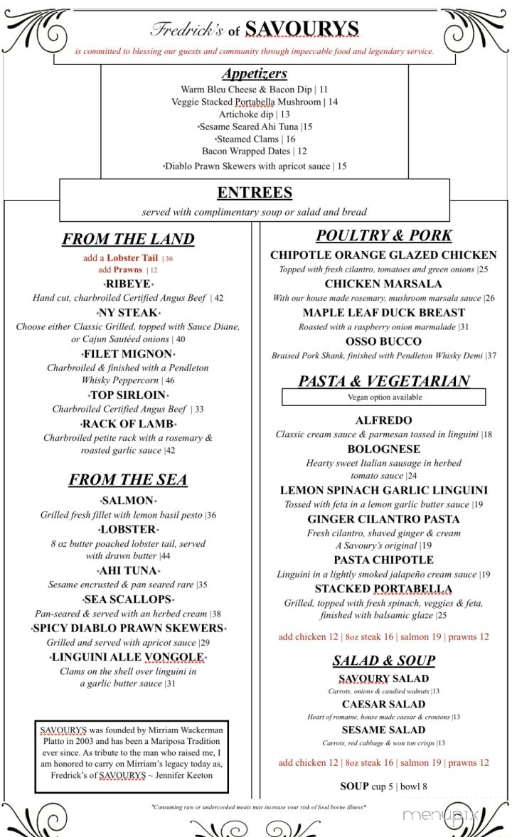 Savoury's Restaurant - Mariposa, CA menu_pic