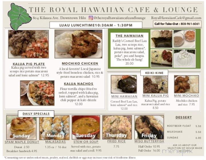 Menu of The Royal Hawaiian Cafe and Lounge in Hilo, HI 96720