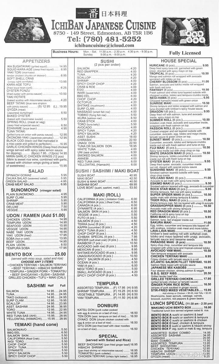 Ichiban Restaurant Japanese Cuisine - Edmonton, AB menu_pic