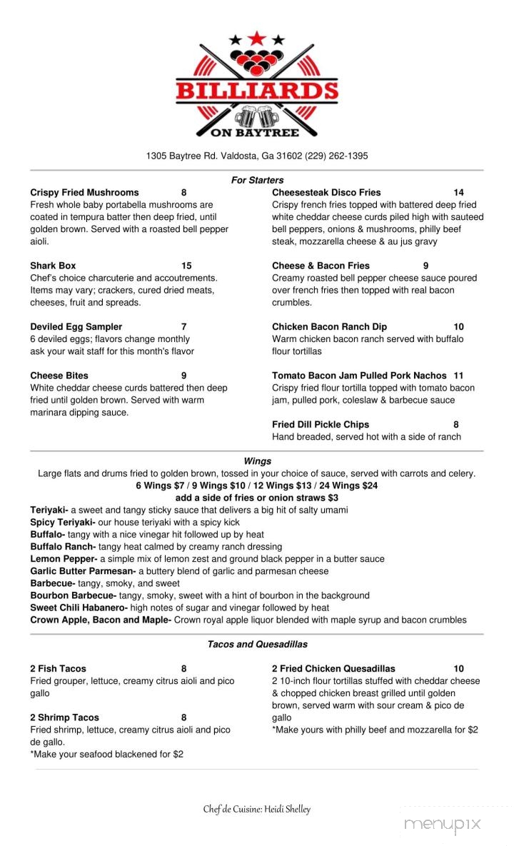 Billiards On Baytree - Valdosta, GA menu_pic