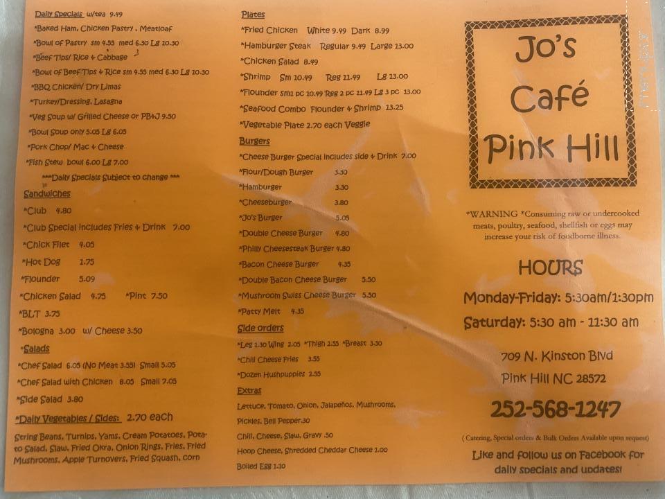 Jo's Cafe - Pink Hill, NC menu_pic