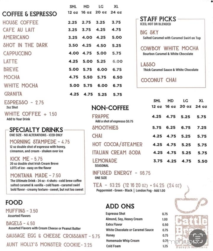 Cattle Brand Coffee - Forsyth, Mt menu_pic