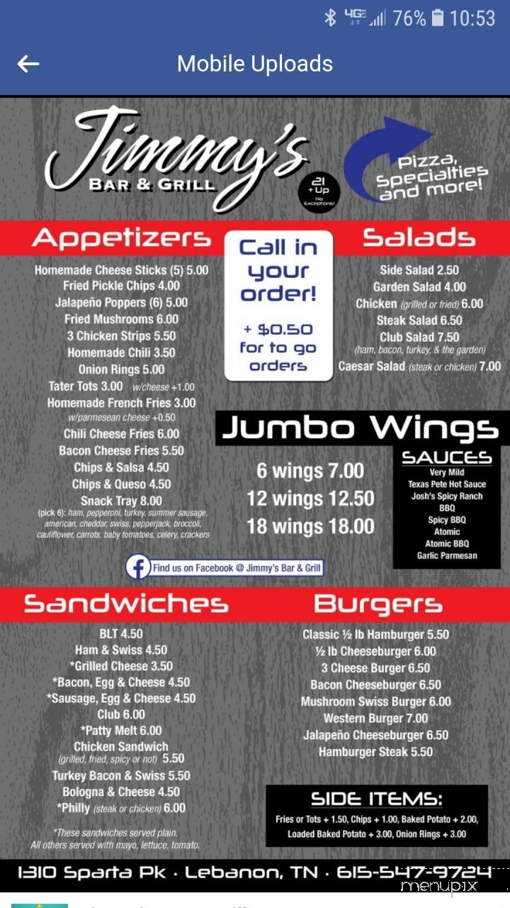 Jimmy's Bar & Grill - Lebanon, TN menu_pic