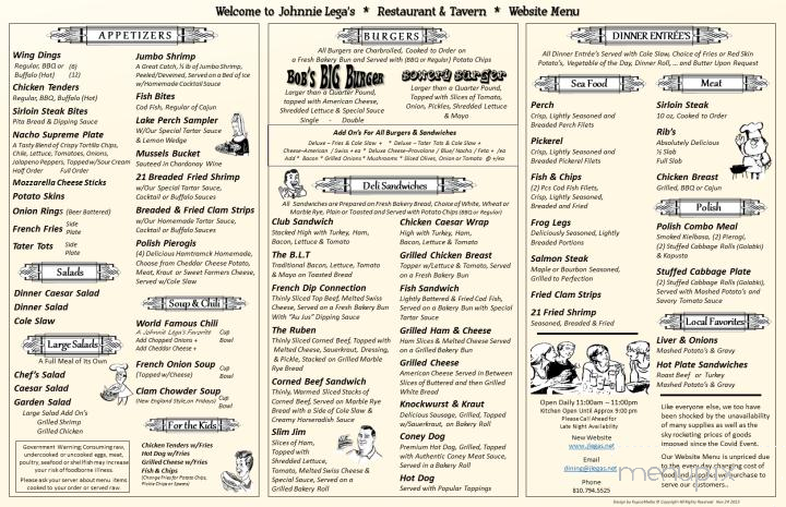 Johnnie Lega's Restaurant & Tavern - Algonac, MI menu_pic