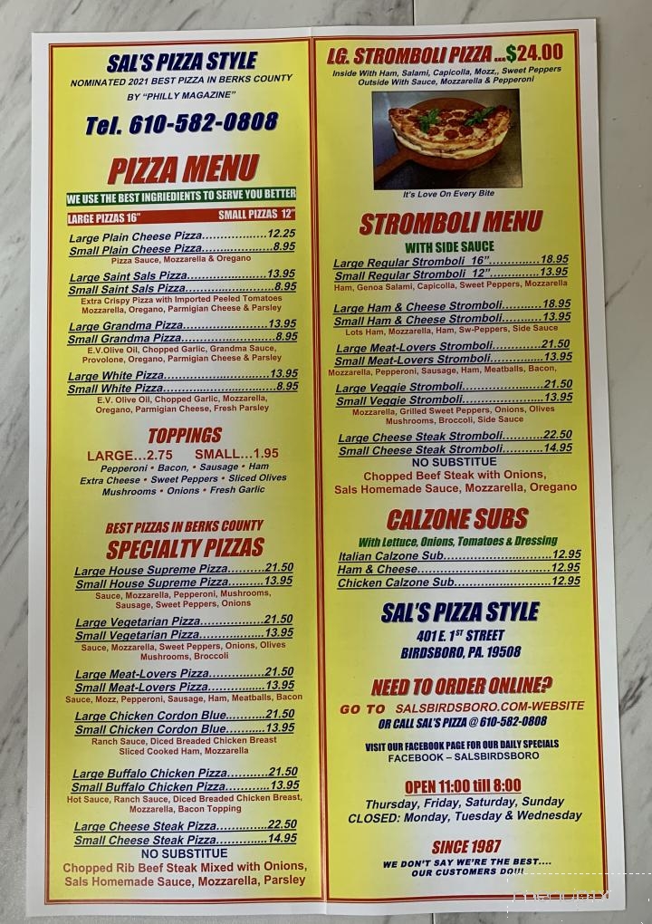 Sal's Pizza Style & Restaurant - Birdsboro, PA menu_pic