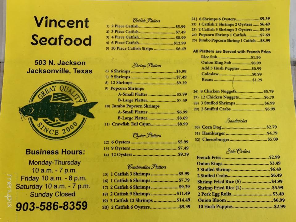 Vincent Seafood - Jacksonville, TX menu_pic