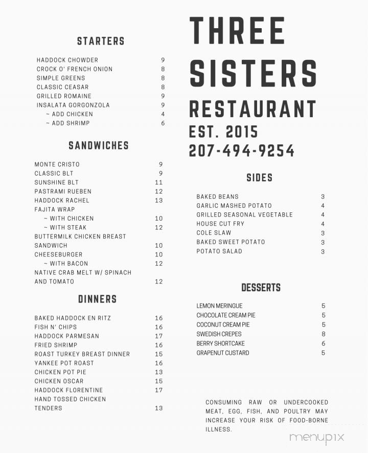 Three Sisters Family Restaurant - Biddeford, ME menu_pic