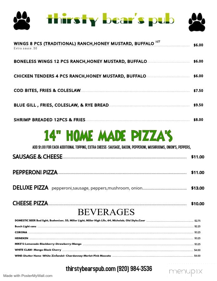 Thirsty Bear's Pub - Black Creek, WI menu_pic