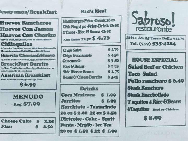 Sabroso Restaurante - Terra Bella, CA menu_pic