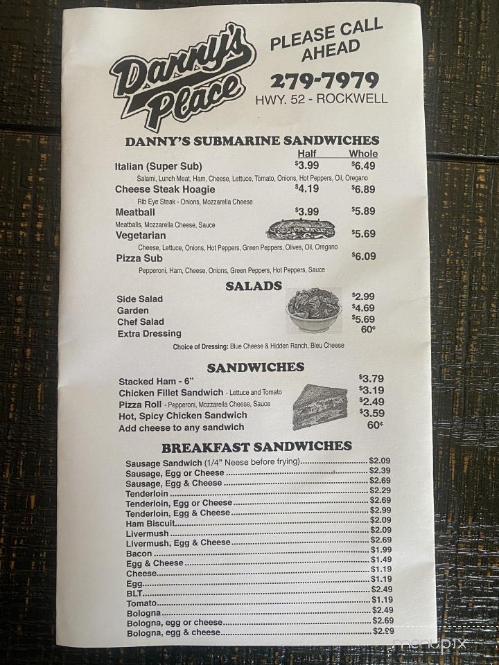 Danny's Place - Rockwell, NC menu_pic