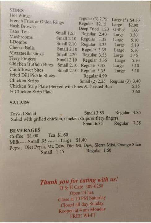 B & H Restaurant - Morganfield, KY menu_pic