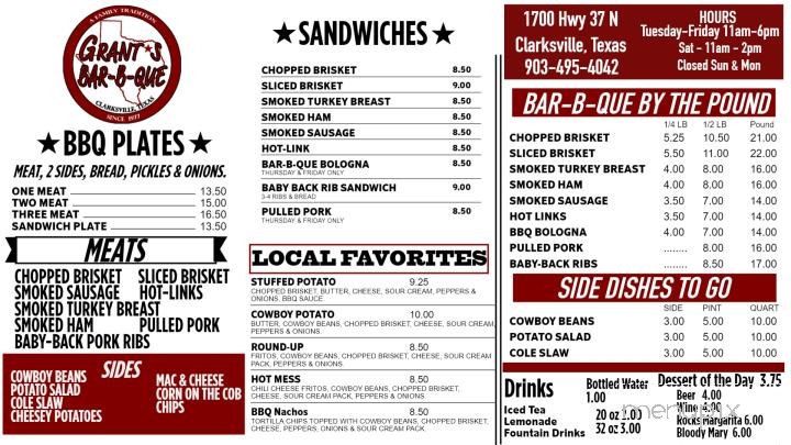 Grant's Bar-B-Que - Clarksville, TX menu_pic